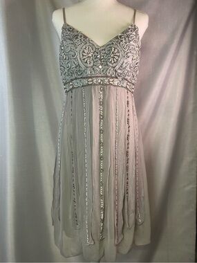 Sue Wong Silver/Grey Crystal, Bead, & Embroidered Adjustable Strap Dress Size 12